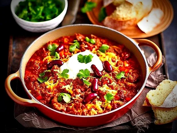 Chili con Carne mit Bohnen und Crème fraîche im Topf
